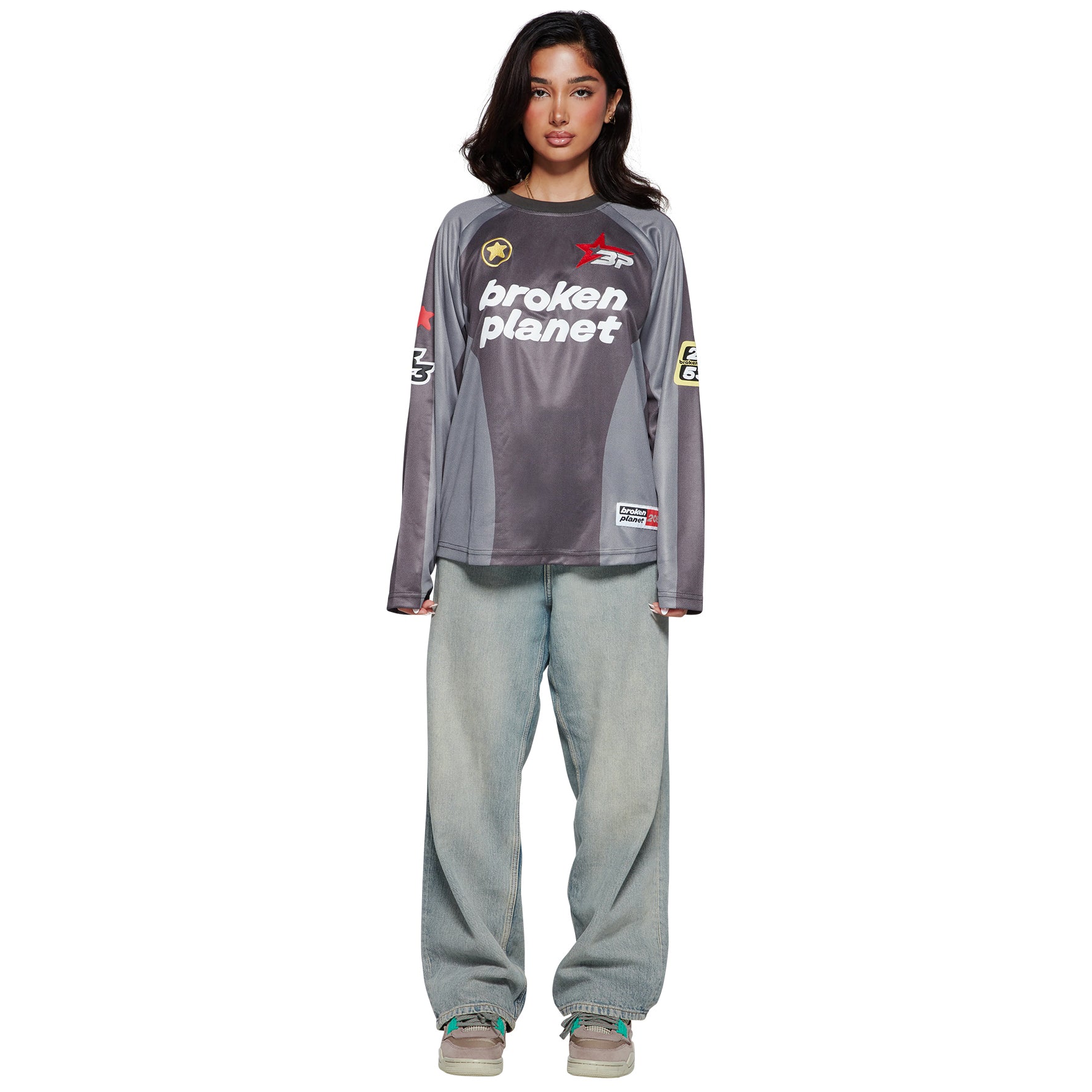 Model front view of Broken Planet Football Black Grey Long Sleeve T Shirt